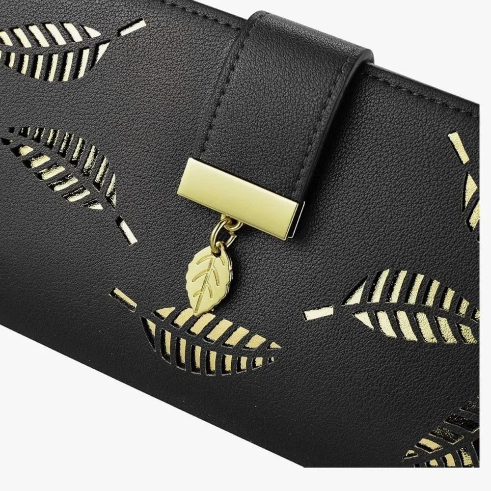 Black Long Wallet Golden Leaves Elegant Clutch NWT